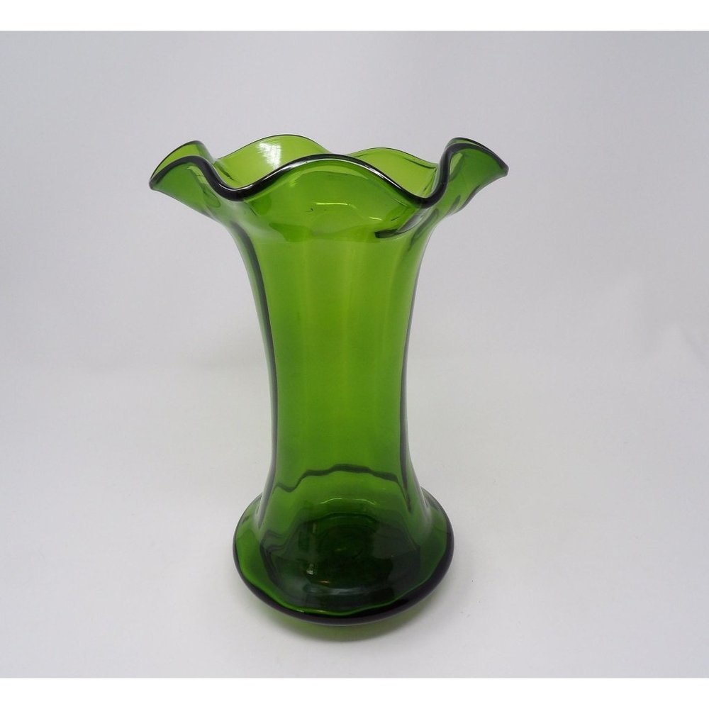 Vintage Handblown Ruffled Edge Green Vase 10" H x 6 1/2" W